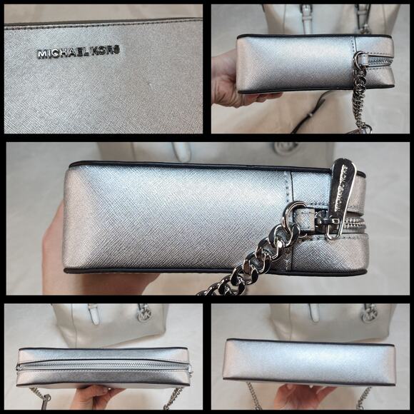 Michael Kors Purse Set of 3 Silver Metallic Shiny Handbag Crossbody Wallet Match - Picture 13 of 15